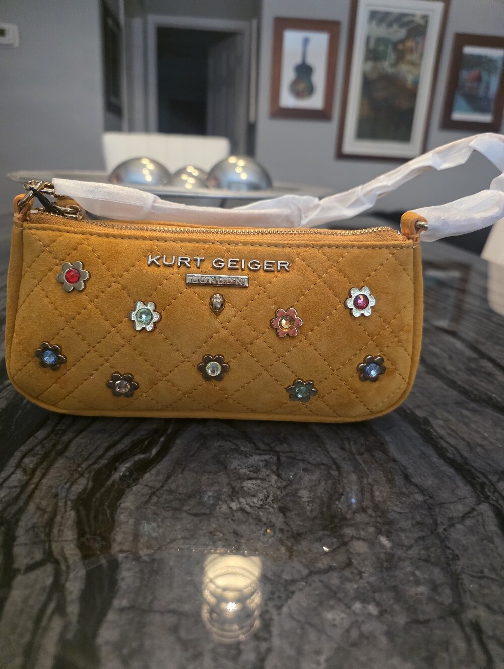 Kurt Geiger Highgate Quilted Shoulder Bag with Crystal Daisy Accents - White